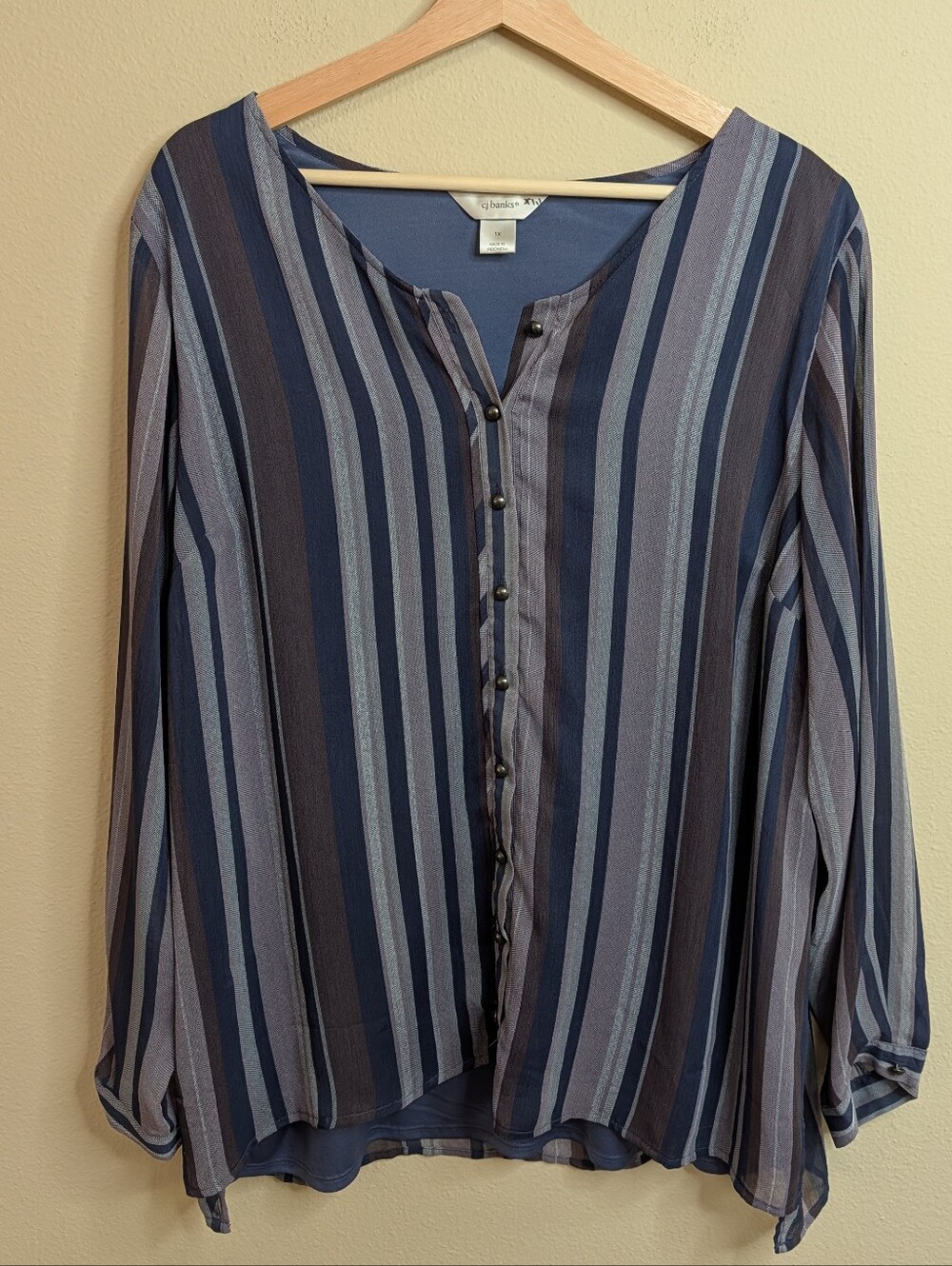 CJ Banks 1X Blue Stripe Henley Blouse Long Sleeve Fully Lined Plus Size Top